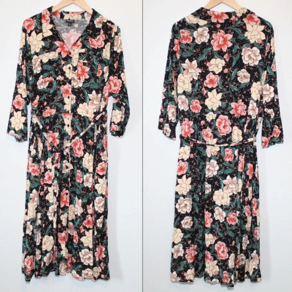 Torrid Floral Button Midi Challis Shirt Dress Black Plus Size 3 3X H14301 - Picture 15 of 16